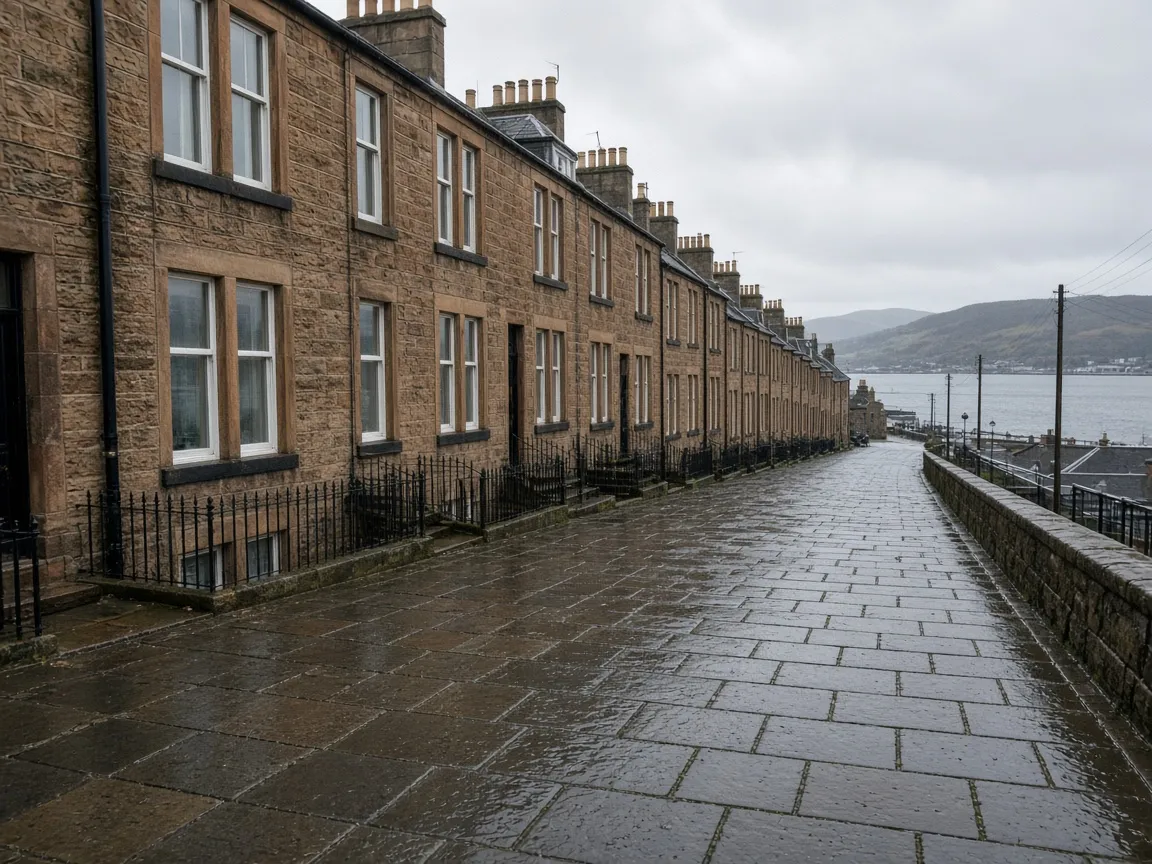 Wet sandstone street above the esplanade in Greenock, Inverclyde