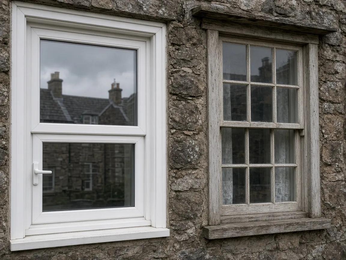 UPVC and timber window frame details on a stone house wall, Greenock, Inverclyde style