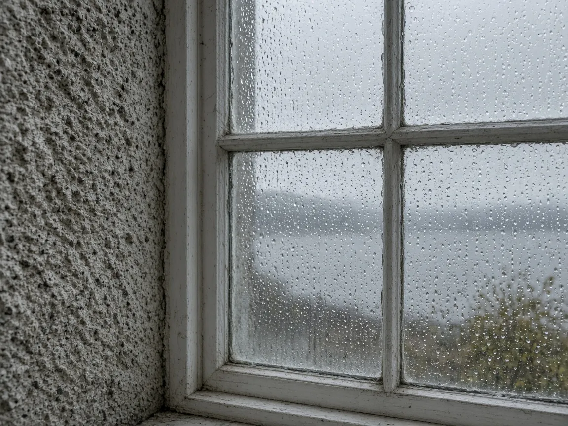 Close view of a residential window in rain and salt air in Greenock, Inverclyde
